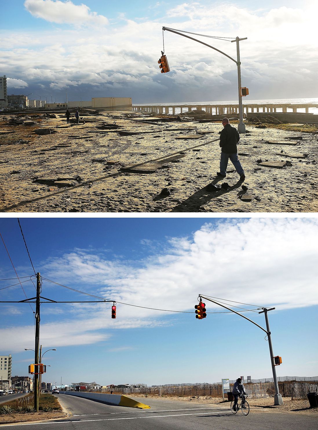 [Top] A man walks by the remains of part of the historic boardwalk, after large parts of it were washed away during Hurricane Sandy on October 31, 2012 in the Rockaway neighborhood of the Queens borough of New York City. [Bottom] A person rides a bike there on October 23, 2013.
